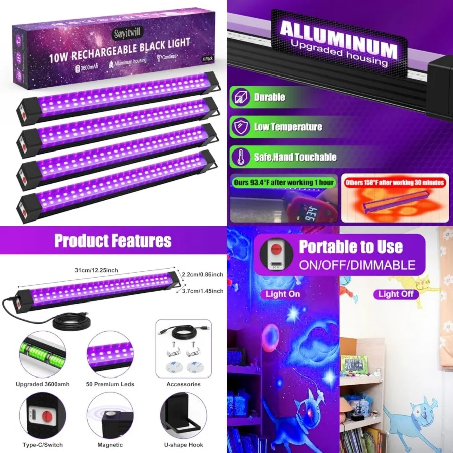 Rechargeable Black Light Bar s, Battery Powered Black Lights for Glow Party, Cordless UV Strip Lights with On/Off/Dimma/Flash S
Rechargeable Black Light Bar s, Battery Powered Black Lights for Glow Party, Cordless UV Strip Lights with On/Off/Dimma/Flash S