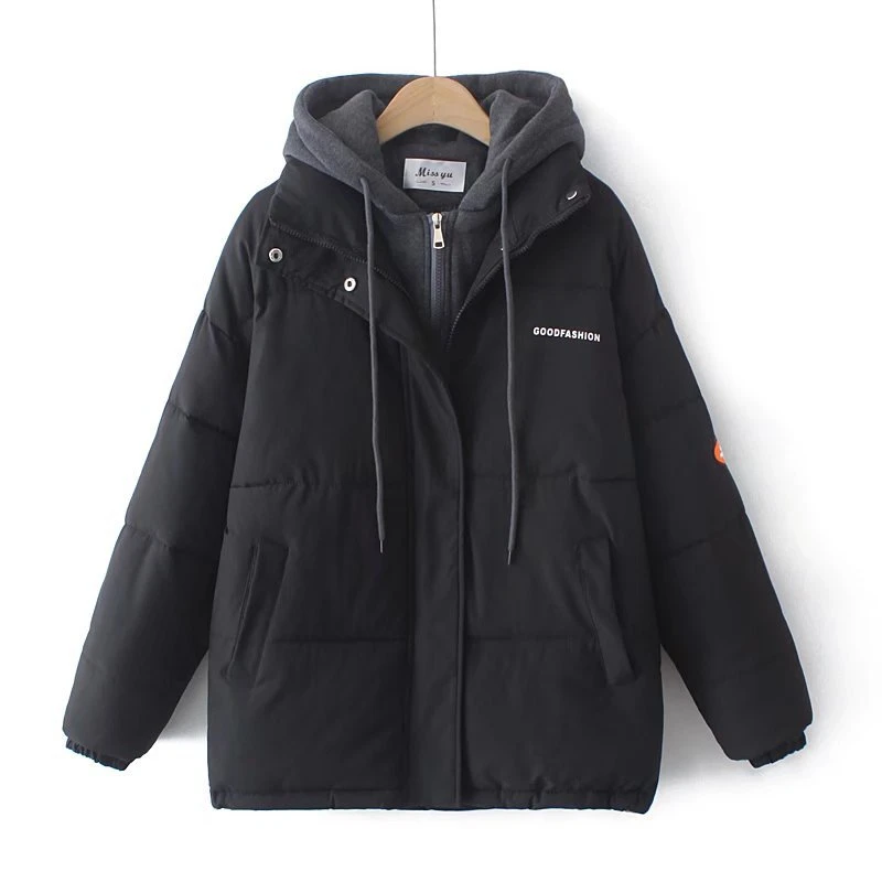 Fashion New Splice Fake Two Piece Women Parka Loose Winter Down Cotton Padded Jackets Letter Warm Drawstring Hooded Coat Female
Fashion New Splice Fake Two Piece Women Parka Loose Winter Down Cotton Padded Jackets Letter Warm Drawstring Hooded Coat Female