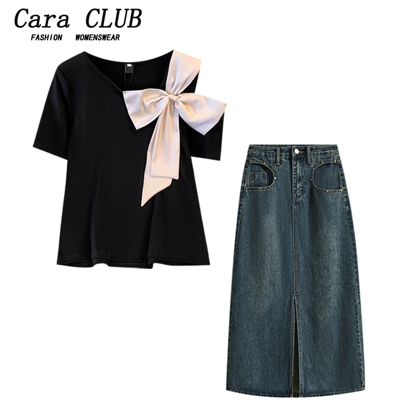 Cara CLUB повседневный комплект больших размеров, женская летняя футболка с узлом ort Sve, джинсовая юбка с высокой талией, комплект из двух предметов
Cara CLUB повседневный комплект больших размеров, женская летняя футболка с узлом ort Sve, джинсовая юбка с высокой талией, комплект из двух предметов