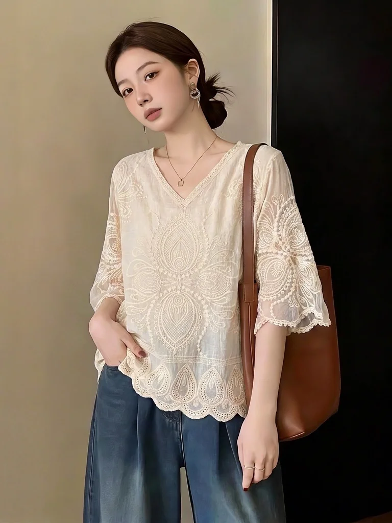 Bohemian Style Women's Lace Shirt V-Neck Short Sleeve Loose Fit Commute Fashion Summer 2026 New plus Size Trendy Top
Bohemian Style Women's Lace Shirt V-Neck Short Sleeve Loose Fit Commute Fashion Summer 2026 New plus Size Trendy Top