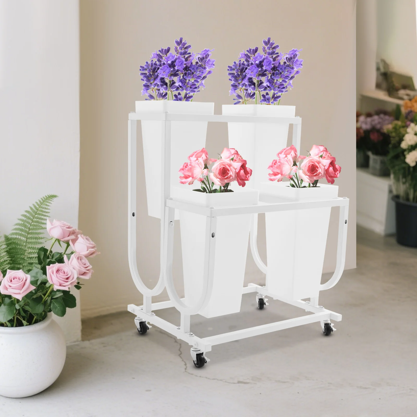 Dual-Tier 4-Bucket Flower Display Stand,Sturdy Metal Frame with Smooth Rolling Wheels& Brakes,Modern White/Black Design for Home
Dual-Tier 4-Bucket Flower Display Stand,Sturdy Metal Frame with Smooth Rolling Wheels& Brakes,Modern White/Black Design for Home