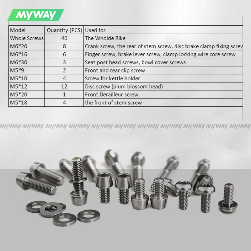 MYWAY 40pcs Titanium Alloy Bolts Set for MTB Bicycle M6 M5 X Various Lengths Whole Bike Screw Accessories
MYWAY 40pcs Titanium Alloy Bolts Set for MTB Bicycle M6 M5 X Various Lengths Whole Bike Screw Accessories