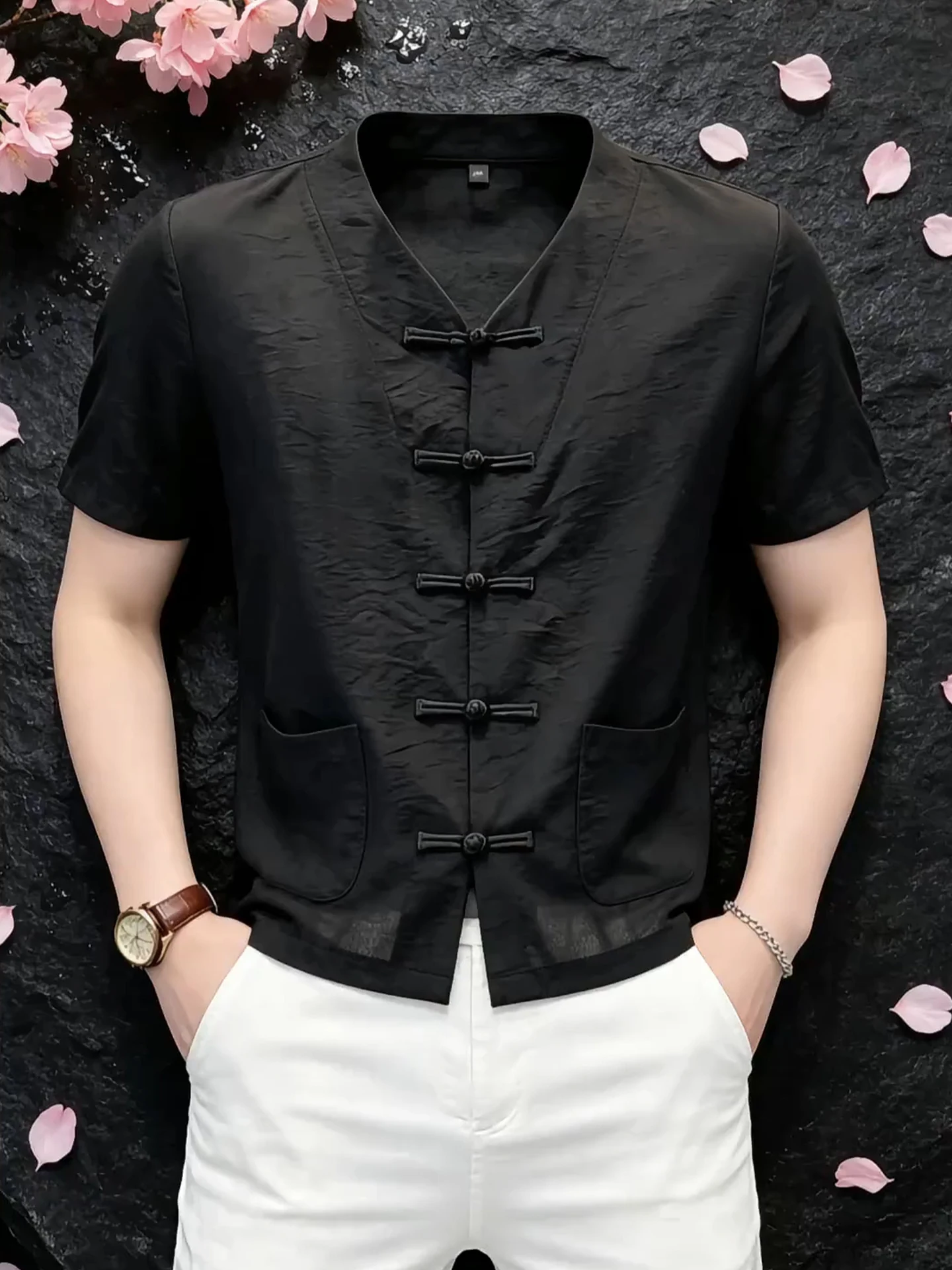 Chinese Style Ice Silk Casual V-Neck Short Sleeve Shirt Men's Summer Loose Fit Shirt Traditional Tang Costume Half Sleeve Shirt
Chinese Style Ice Silk Casual V-Neck Short Sleeve Shirt Men's Summer Loose Fit Shirt Traditional Tang Costume Half Sleeve Shirt