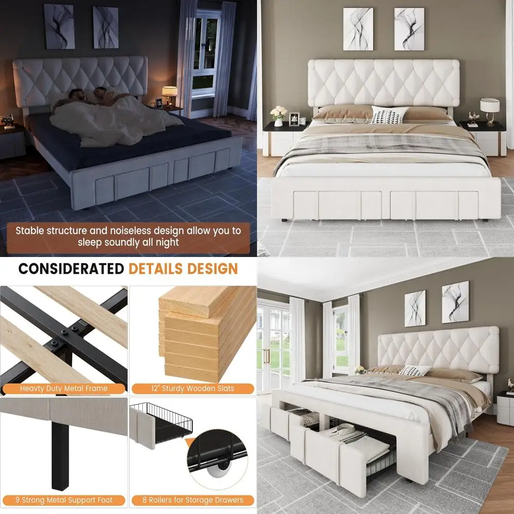 Queen Size Upholstered Platform Bed with Storage Drawers, Solid Wooden Slat Support, No Box Spring Needed, Beige
Queen Size Upholstered Platform Bed with Storage Drawers, Solid Wooden Slat Support, No Box Spring Needed, Beige