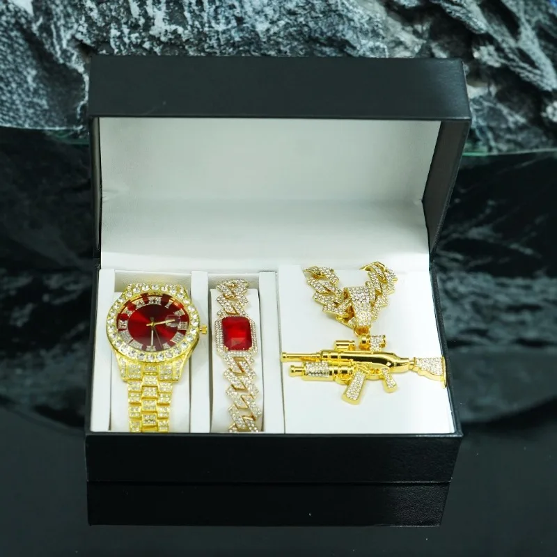 Hip Hop Gun Pendant Necklace & Ruby Bracelet Set - Vintage Red Watch Streetwear Jewelry Gift Box for Men
Hip Hop Gun Pendant Necklace & Ruby Bracelet Set - Vintage Red Watch Streetwear Jewelry Gift Box for Men