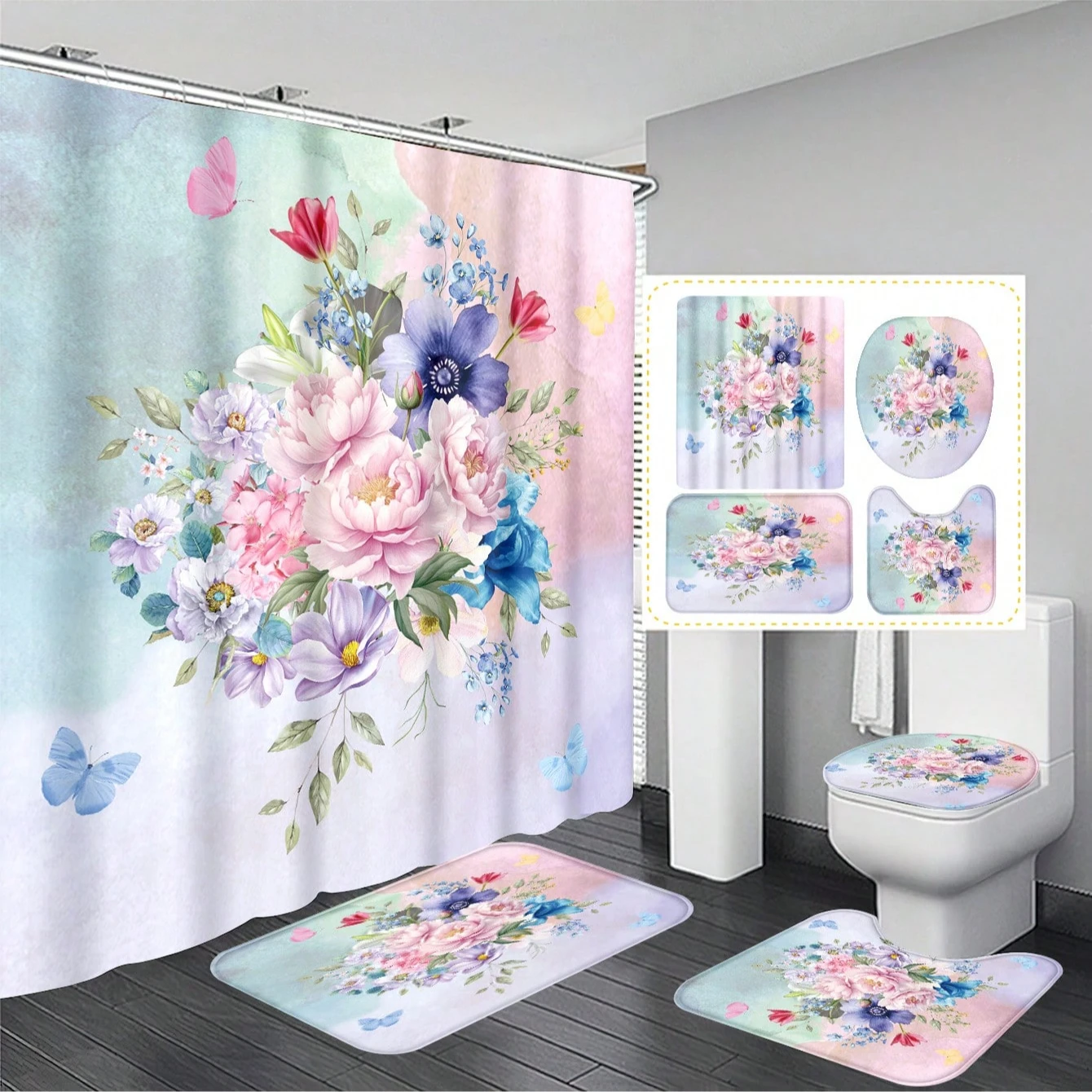 home decoration 4pcs Colorful Floral Bathroom Decor Set-Waterproof Shower Curtain With 12 Hooks Comprehensive Bathroom Solution
home decoration 4pcs Colorful Floral Bathroom Decor Set-Waterproof Shower Curtain With 12 Hooks Comprehensive Bathroom Solution