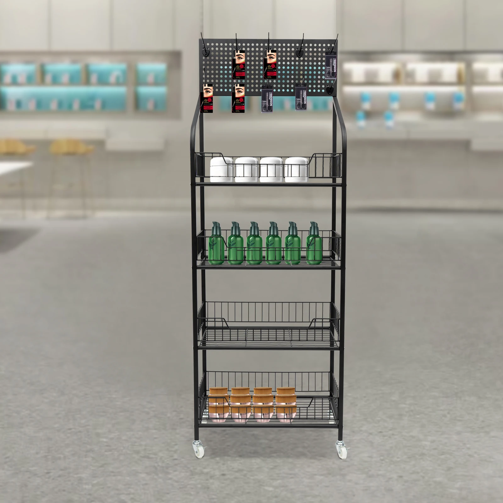 50*27*140cm Black 4-storey Retail Display Stand with Rollers Large-capacity Rack with 10 Hooks High Load-bearing Shelf
50*27*140cm Black 4-storey Retail Display Stand with Rollers Large-capacity Rack with 10 Hooks High Load-bearing Shelf