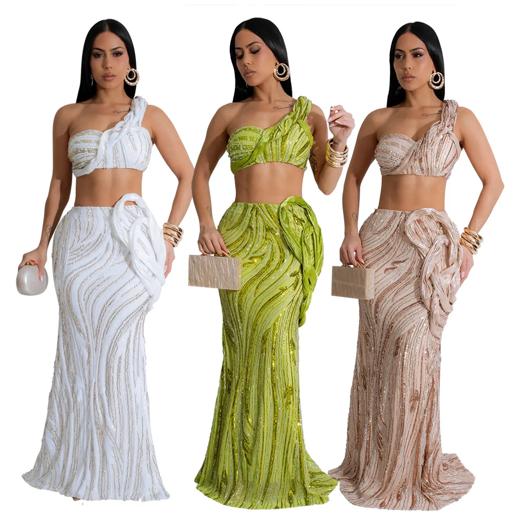 Fashion Sequins Ruffles Woman Sleeveless One-shoulder Short Top with Sexy Bodycon Skirt Two Pieces Set Party Suit
Fashion Sequins Ruffles Woman Sleeveless One-shoulder Short Top with Sexy Bodycon Skirt Two Pieces Set Party Suit