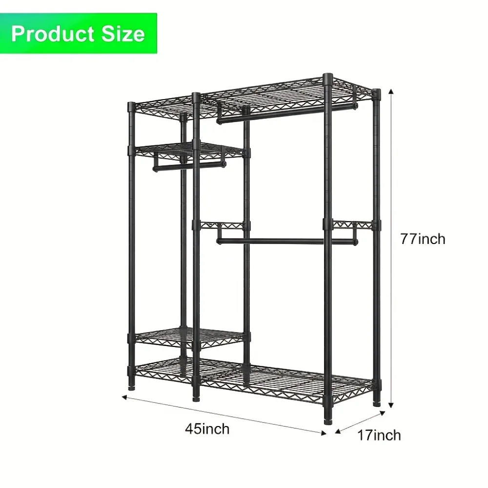 Heavy-Duty 4-Tier Metal Wardrobe Storage Rack, Featuring 4 Heavy-Duty Metal Hangers with 6 Shelves And 3 Hanging Rods
Heavy-Duty 4-Tier Metal Wardrobe Storage Rack, Featuring 4 Heavy-Duty Metal Hangers with 6 Shelves And 3 Hanging Rods
