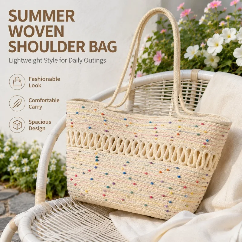 Colorful Dot Woven Tote Bag Women Straw Rope Shoulder Handbag Large Capacity Hollow Loop Beach Bag for Travel and Commuting Tote
Colorful Dot Woven Tote Bag Women Straw Rope Shoulder Handbag Large Capacity Hollow Loop Beach Bag for Travel and Commuting Tote