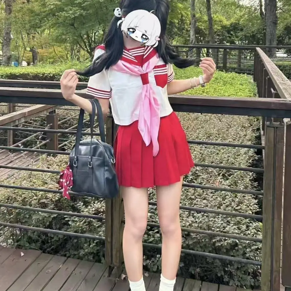 Women's School Uniform Style Red Shirt Short Sleeve Three Piece Set Versatile Sailor Casual Wear Four Seasons Polyester Fabric
Women's School Uniform Style Red Shirt Short Sleeve Three Piece Set Versatile Sailor Casual Wear Four Seasons Polyester Fabric
