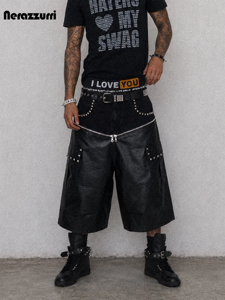 Nerazzurri Sumemr Autumn Black Pu Leather Patchwork Calf-Length Pants for Men Rivet Luxury Designer Menswear Streetwear Clothing
Nerazzurri Sumemr Autumn Black Pu Leather Patchwork Calf-Length Pants for Men Rivet Luxury Designer Menswear Streetwear Clothing