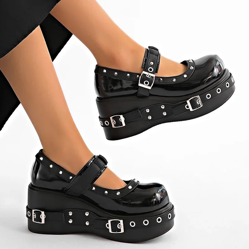 Punk Platform Mary Jane Shoe for Women Black Patent Leather Wedge Heel Loafers Woman Thick Sole Rivet Buckle Gothic Lolita Shoes
Punk Platform Mary Jane Shoe for Women Black Patent Leather Wedge Heel Loafers Woman Thick Sole Rivet Buckle Gothic Lolita Shoes