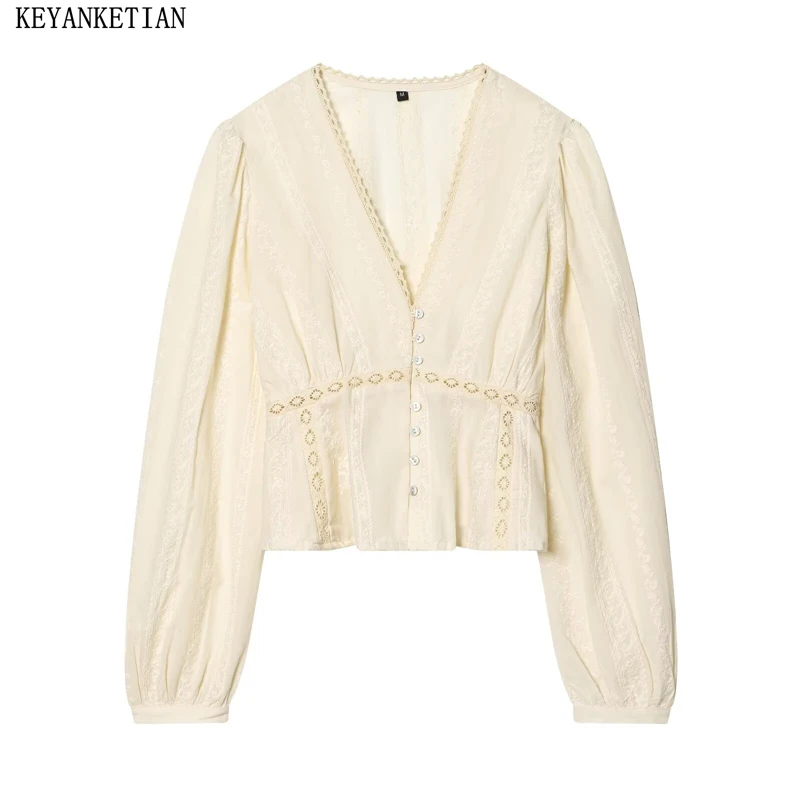 KEYANKETIAN 2026 New Boho Cream Cropped Blouse - Women's V Neck Lace Trim Puff Sleeve Shirt, Vintage Button Down Embroidered Top
KEYANKETIAN 2026 New Boho Cream Cropped Blouse - Women's V Neck Lace Trim Puff Sleeve Shirt, Vintage Button Down Embroidered Top