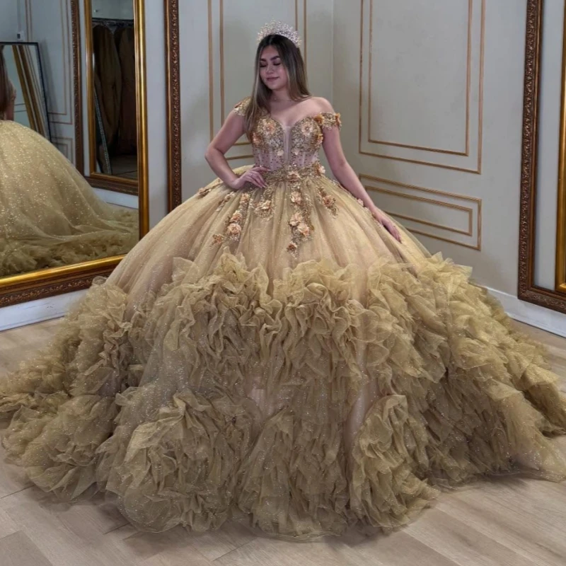 Блестящие платья Quinceanera цвета шампанского, бальное платье с открытыми плечами, милое платье 16, аппликация, цветок, многоуровневое тюлевое платье с бусинами, платье для дня рождения
Блестящие платья Quinceanera цвета шампанского, бальное платье с открытыми плечами, милое платье 16, аппликация, цветок, многоуровневое тюлевое платье с бусинами, платье для дня рождения