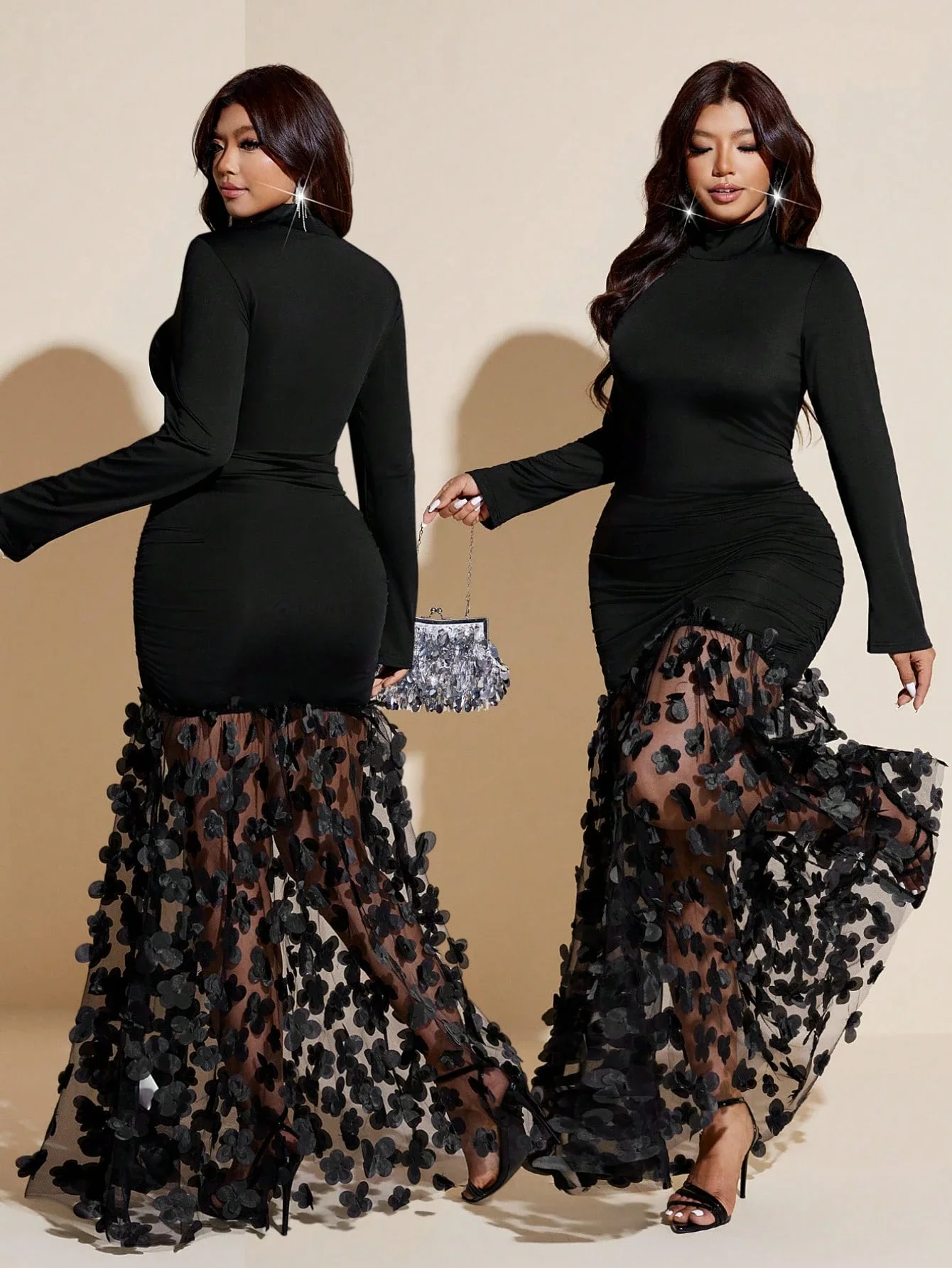 Plus Size Turtleneck Long Sleeve Ruched Floral Mesh Maxi Dress Black
Plus Size Turtleneck Long Sleeve Ruched Floral Mesh Maxi Dress Black