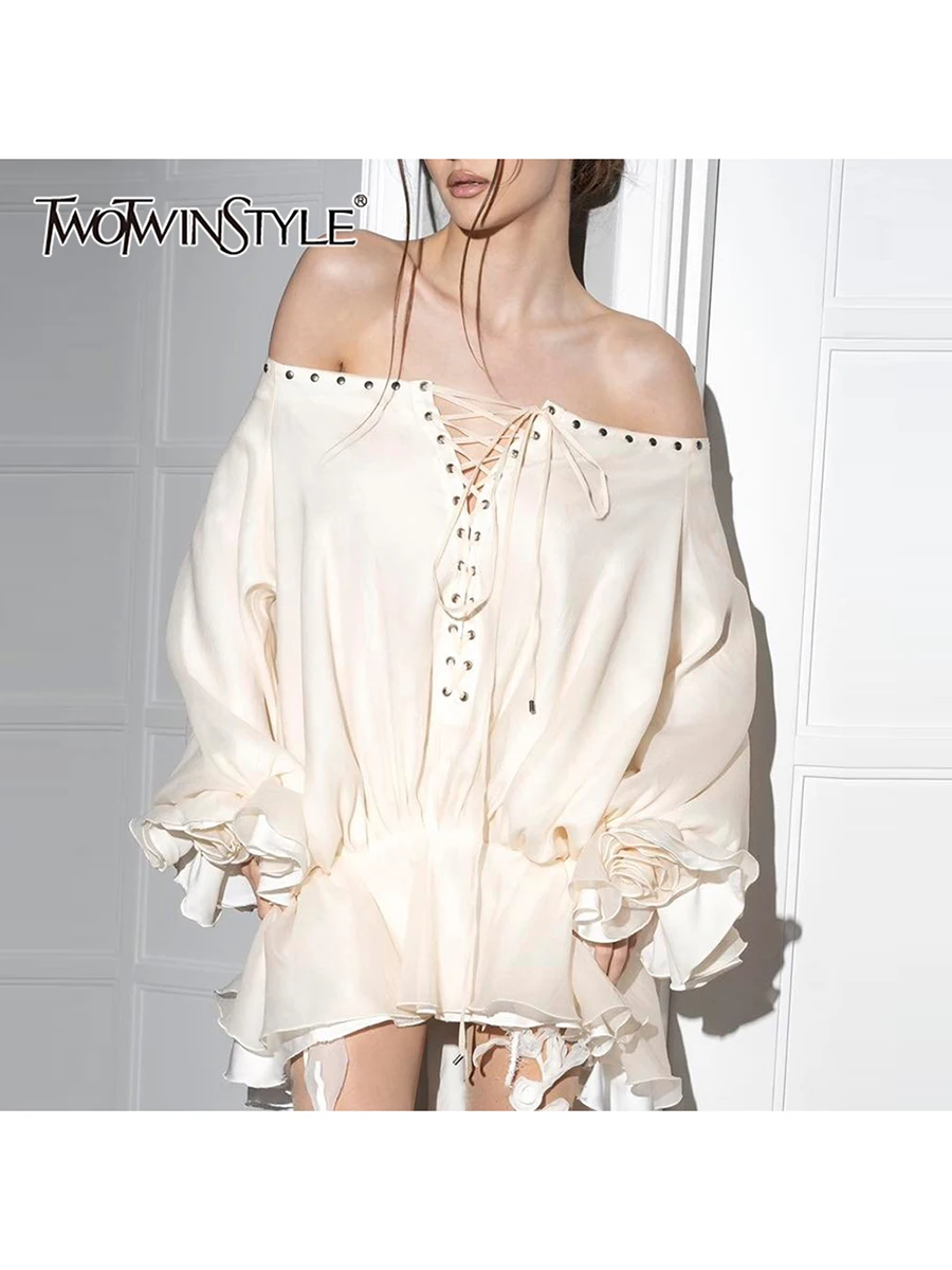 TWOTWINSTYLE Solid Lace Up Loose Dresses For Women Slash Neck Long Sleeve High Waist Designer Mini Dress Female Fashion Style
TWOTWINSTYLE Solid Lace Up Loose Dresses For Women Slash Neck Long Sleeve High Waist Designer Mini Dress Female Fashion Style