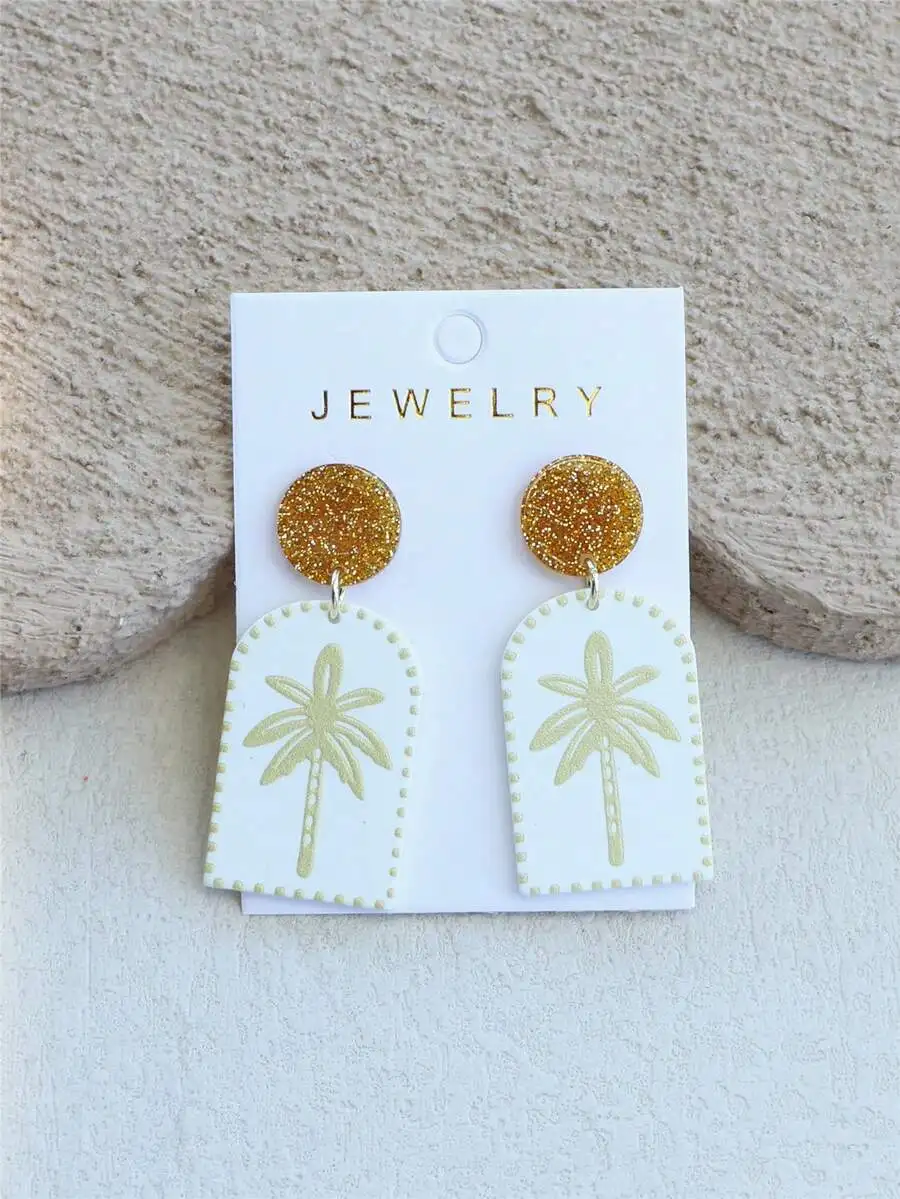 Acrylic Palm Tree Earrings With Glitter Gold Studs Casual Summer Style
Acrylic Palm Tree Earrings With Glitter Gold Studs Casual Summer Style