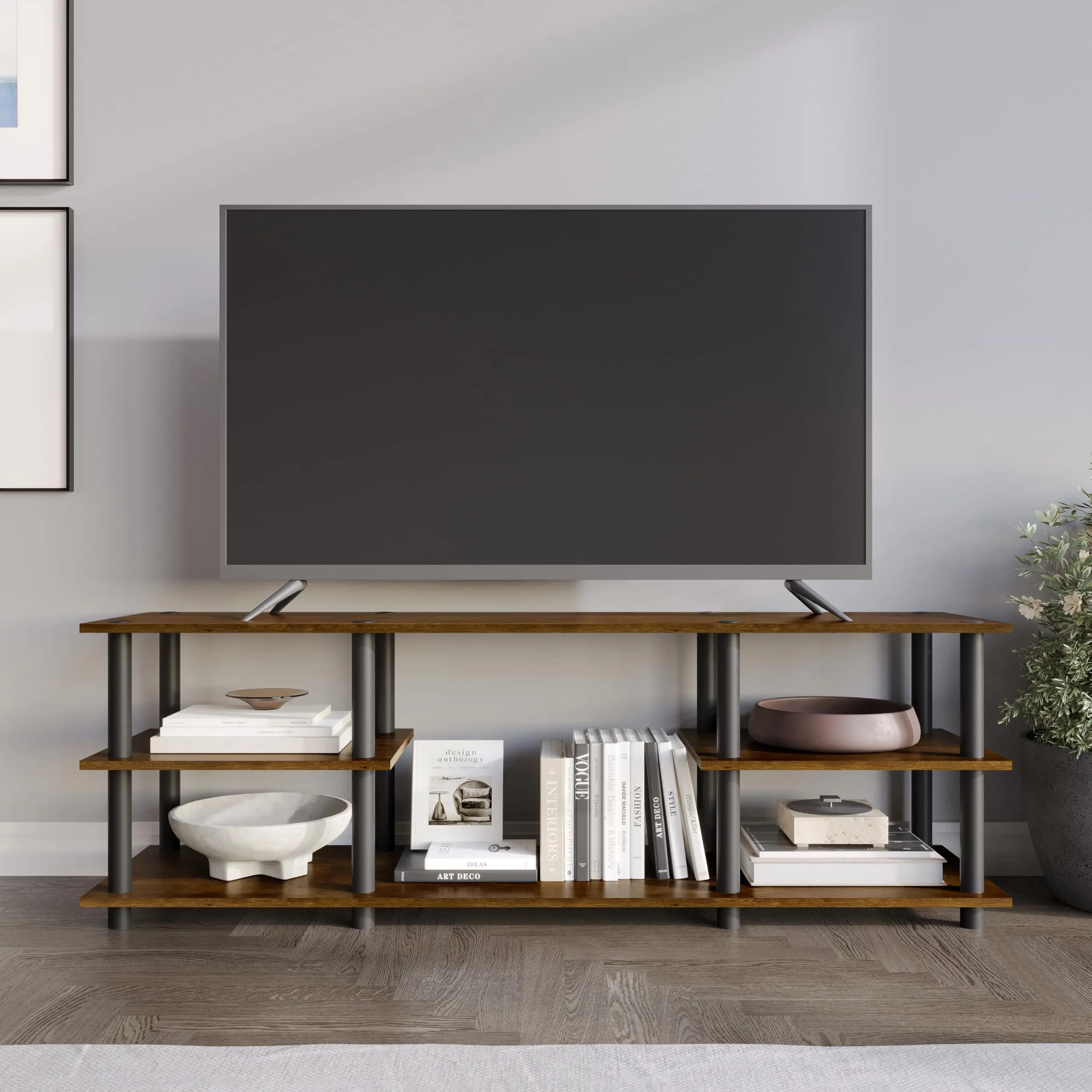 Minimalist Three-Tier TV Stand With Open Shelves Tool-Free Assembly Dark Gray
Minimalist Three-Tier TV Stand With Open Shelves Tool-Free Assembly Dark Gray