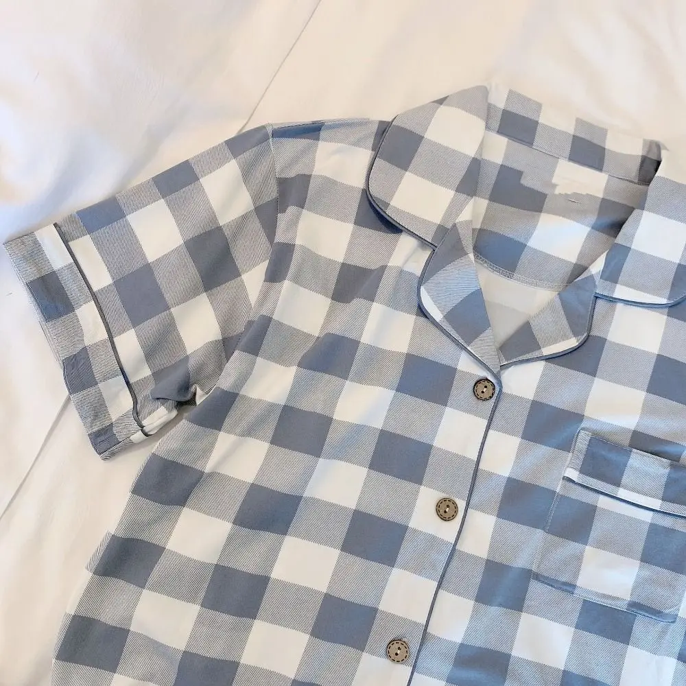 Fashion Short Sleeve Grid Pajama Suit Slim Fit Women Sleepwear Tops Pants Nightwear V Neck Two Pieces Pajama Sets Home
Fashion Short Sleeve Grid Pajama Suit Slim Fit Women Sleepwear Tops Pants Nightwear V Neck Two Pieces Pajama Sets Home