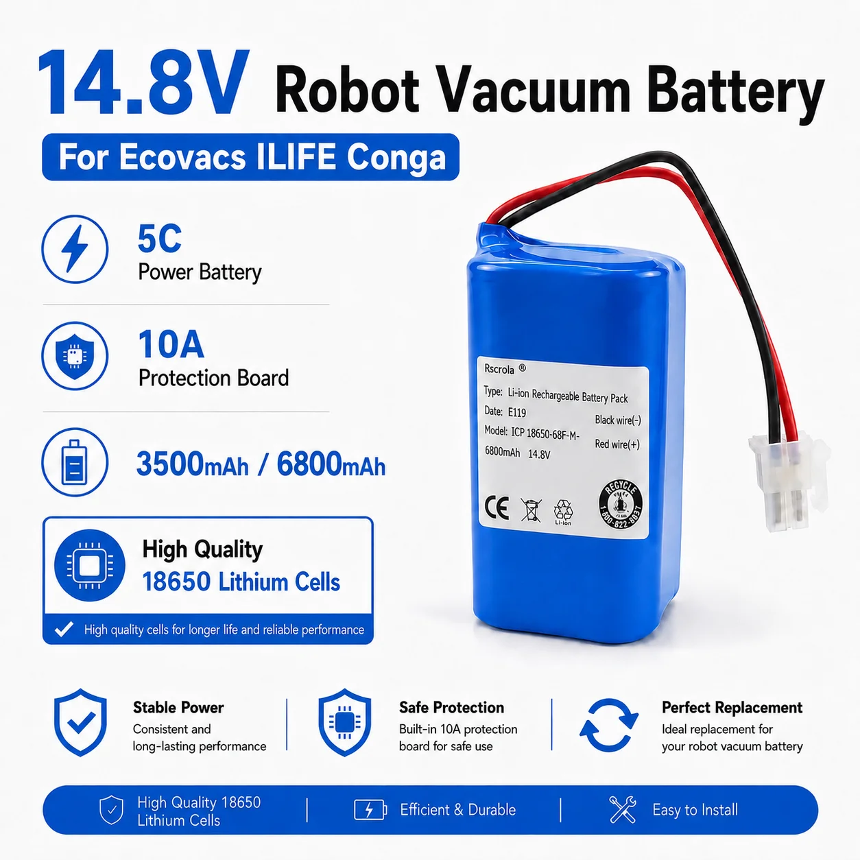 14.8V 3500mAh/6800mAh Li-ion Battery For ILIFE A4 A4s V7 A6 Ecovacs N79 N79S V7 V7S V780 M82 DM82 500 Robot Vacuum Cleaner 4P1S
14.8V 3500mAh/6800mAh Li-ion Battery For ILIFE A4 A4s V7 A6 Ecovacs N79 N79S V7 V7S V780 M82 DM82 500 Robot Vacuum Cleaner 4P1S