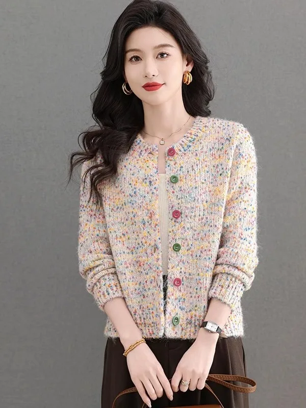 Ladies Knitted Woolen Cardigan round Ne Spring Autumn Color Dot Flower Patterned Thi Yarn Luxury Sle Faion Outerwear
Ladies Knitted Woolen Cardigan round Ne Spring Autumn Color Dot Flower Patterned Thi Yarn Luxury Sle Faion Outerwear
