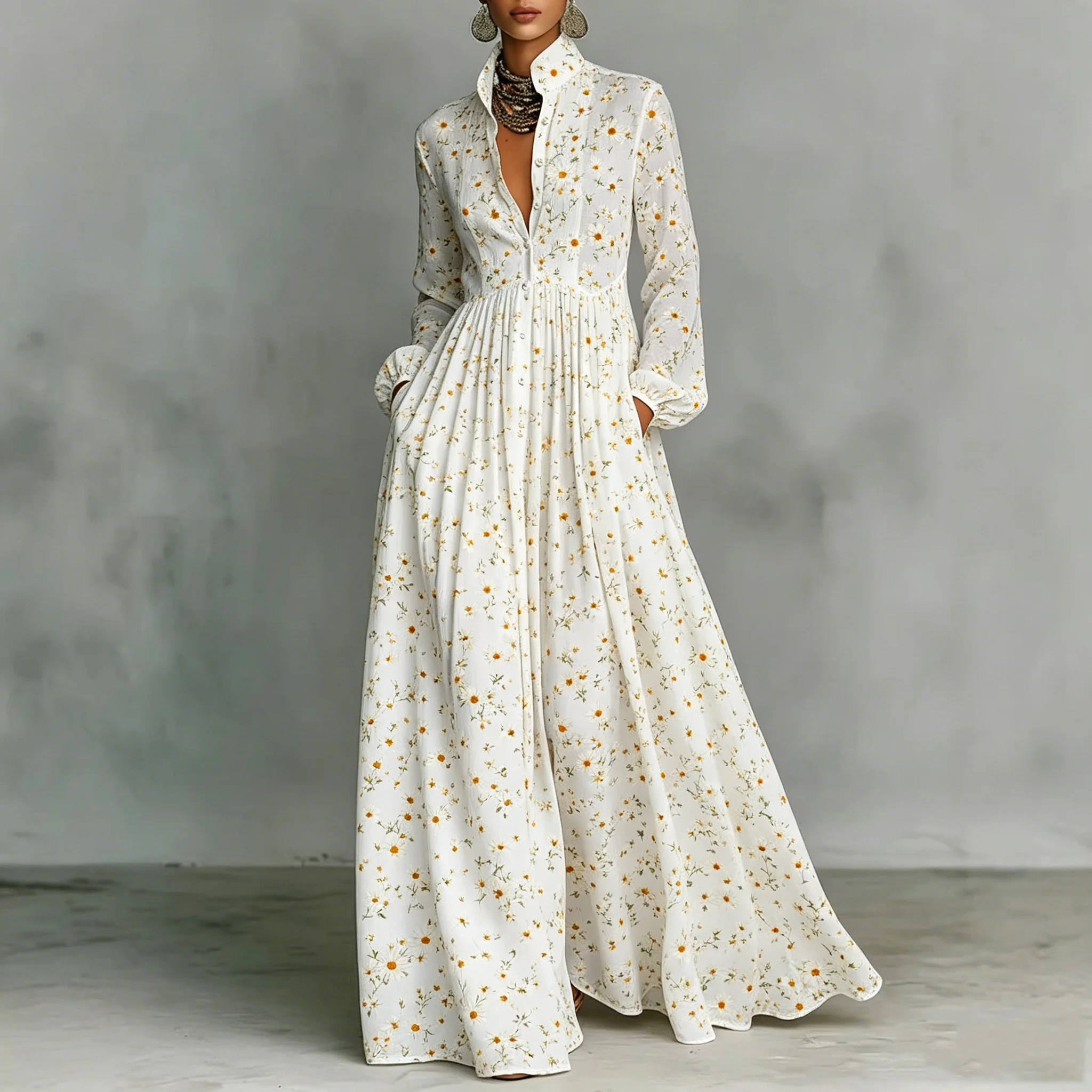 Women's Elegant Daisy Floral Print Maxi Dress Chic Stand Collar Long Sleeve Bohemian A-Line Dress With Pockets For Autumn Winter
Women's Elegant Daisy Floral Print Maxi Dress Chic Stand Collar Long Sleeve Bohemian A-Line Dress With Pockets For Autumn Winter