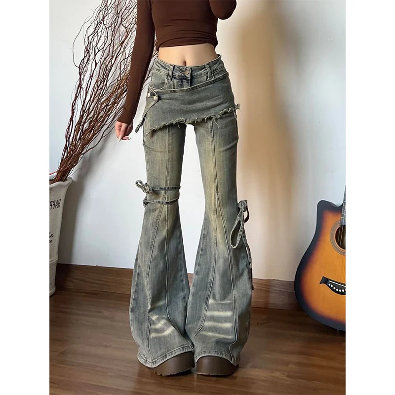 Женские винтажные синие расклешенные джинсы в американском стиле ретро High Street, искусственные джинсовые брюки из двух предметов, брюки Y2k 2000-х годов, расклешенный низ
Женские винтажные синие расклешенные джинсы в американском стиле ретро High Street, искусственные джинсовые брюки из двух предметов, брюки Y2k 2000-х годов, расклешенный низ