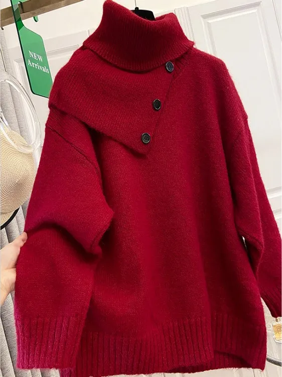 Red Thickened High Collar Knitted Sweater Women's Loose Large Size Mid-Length Lazy Style Commute Fashion Winter New Arrival
Red Thickened High Collar Knitted Sweater Women's Loose Large Size Mid-Length Lazy Style Commute Fashion Winter New Arrival