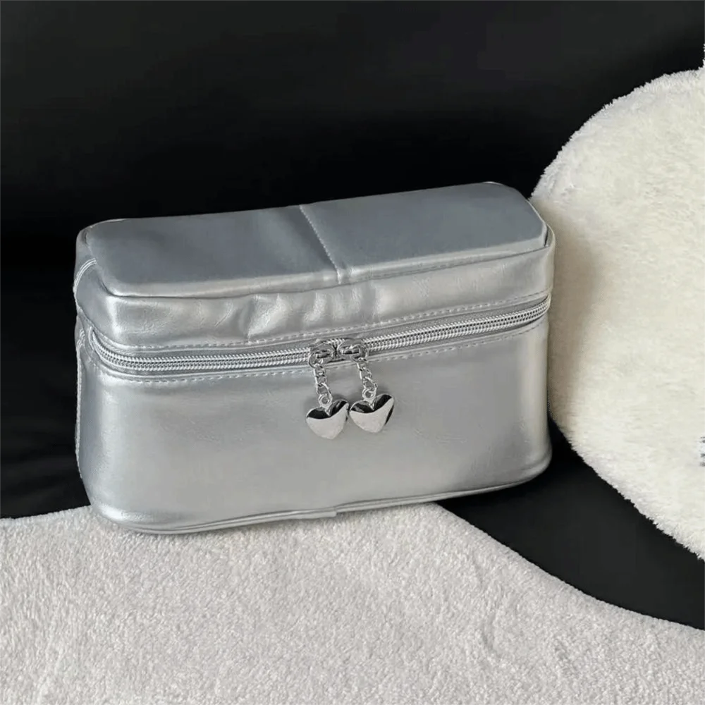 PU Leather Silver Makeup Bag Multi-functional Large Capacity Vertical Toiletry Handbag Detachable with Handle
PU Leather Silver Makeup Bag Multi-functional Large Capacity Vertical Toiletry Handbag Detachable with Handle