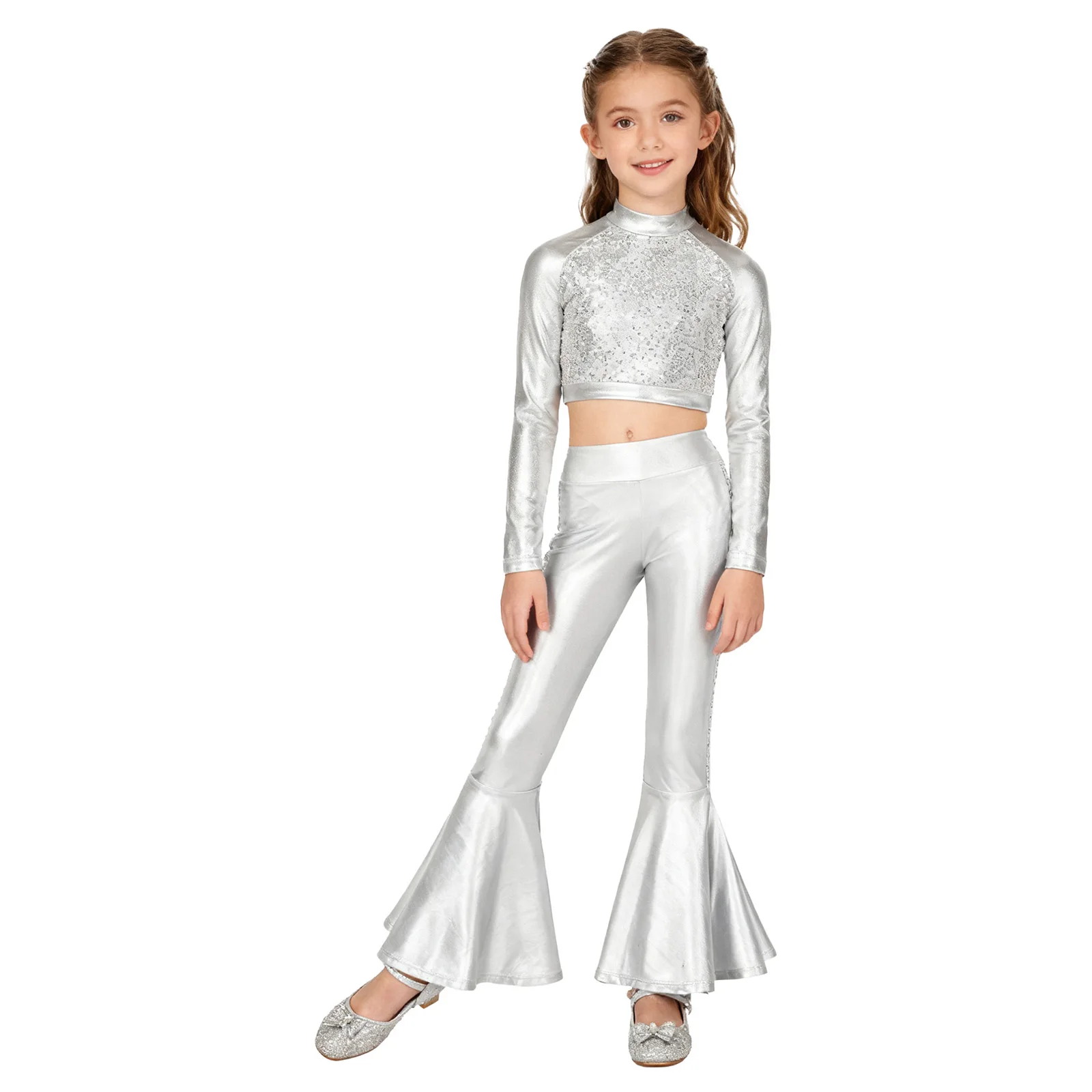 Kids Girls Jazz Dance Performance Costume Streetwear Long Sleeve Sequin Metallic Crop Top with Bell-bottom Pants K-pop Dancewear
Kids Girls Jazz Dance Performance Costume Streetwear Long Sleeve Sequin Metallic Crop Top with Bell-bottom Pants K-pop Dancewear
