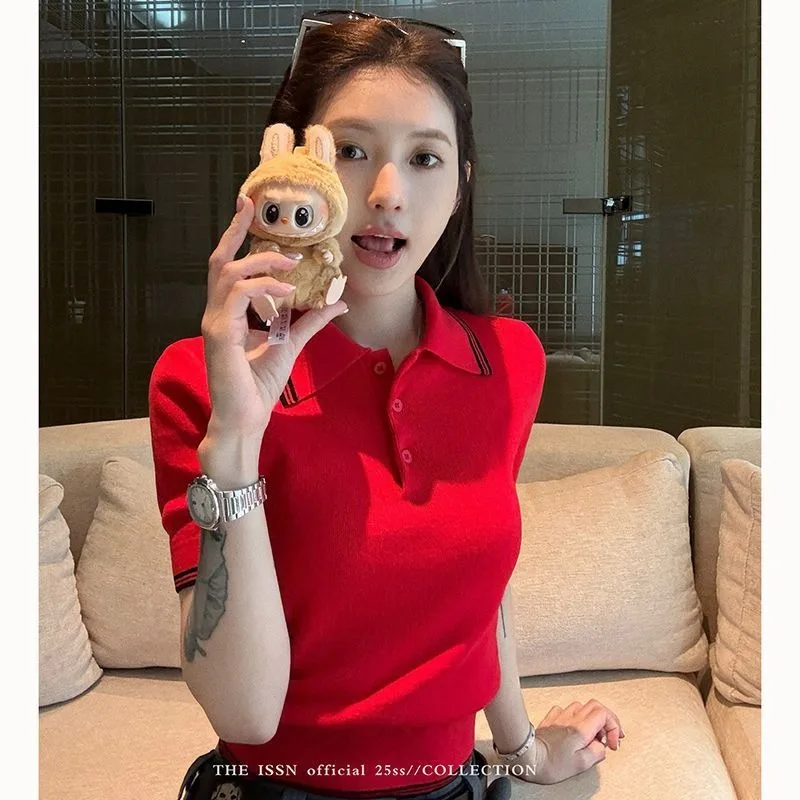 Youthful Striped Trim Polo Knit Top Women Short Sleeve Slim Cropped Casual Summer Pullover T-shirt
Youthful Striped Trim Polo Knit Top Women Short Sleeve Slim Cropped Casual Summer Pullover T-shirt