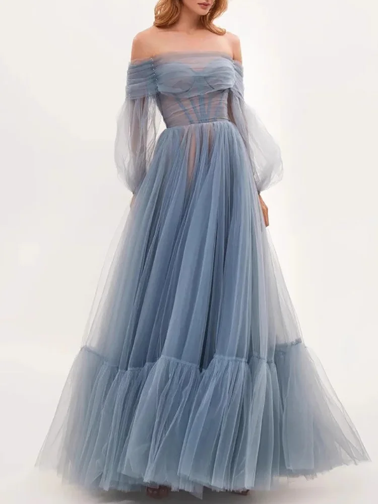 One Shoulder Lantern Sleeves Mesh Long Dress Fashion High Waist Swing Bridesmaid Dress Casual Hollow Backless Pleats Party Dress
One Shoulder Lantern Sleeves Mesh Long Dress Fashion High Waist Swing Bridesmaid Dress Casual Hollow Backless Pleats Party Dress