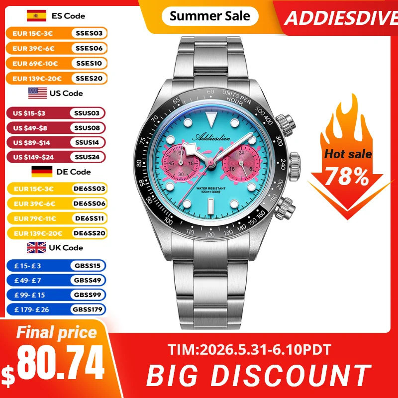 ADDIESDIVE New Luxury Chronograph Watch VK64 Colorful Dial Quartz Ceramic Bezel 100m Waterproof Sport AD2520 Men's Wristwatches
ADDIESDIVE New Luxury Chronograph Watch VK64 Colorful Dial Quartz Ceramic Bezel 100m Waterproof Sport AD2520 Men's Wristwatches