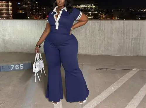 Лидер продаж, элегантный облегающий модный женский комбинезон с контрастной отделкой и короткими рукавами, расклешенный дизайн ног 
Лидер продаж, элегантный облегающий модный женский комбинезон с контрастной отделкой и короткими рукавами, расклешенный дизайн ног