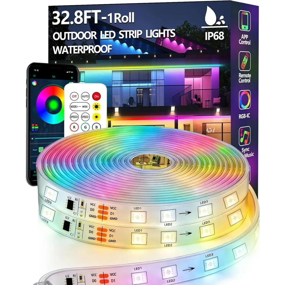 Outdoor 32.8ft LED Strip Light, Waterproof IP68, RGB+IC, App/Remote Control, Music Sync, Ideal for Balcony, Deck, Rooftop, Garde