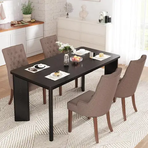 Ensemble de salle à manger industriel 7 pièces, table noire de 63 po et 6 chaises capitonnées Camel