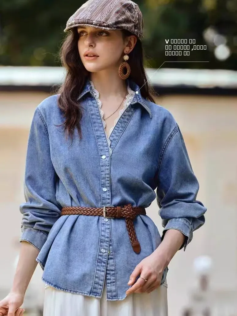 Женская джинсовая рубашка Ele с кружевной отделкой, V-образным вырезом, приталенная, повседневная, с длинными рукавами, на пуговицах, для поездок на работу и офиса
Женская джинсовая рубашка Ele с кружевной отделкой, V-образным вырезом, приталенная, повседневная, с длинными рукавами, на пуговицах, для поездок на работу и офиса