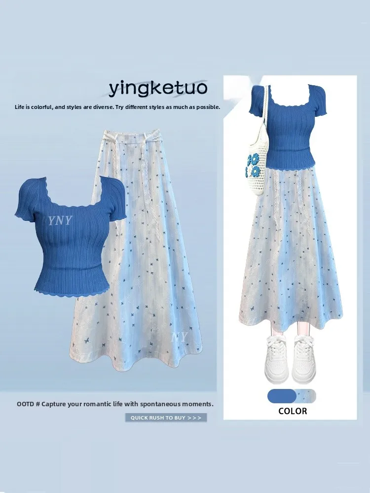 Korean Style Gentle Blue Floral Print Halter Neck Short Sleeve Top And Skirt Two Piece Set Women Summer Slimming Outfit
Korean Style Gentle Blue Floral Print Halter Neck Short Sleeve Top And Skirt Two Piece Set Women Summer Slimming Outfit