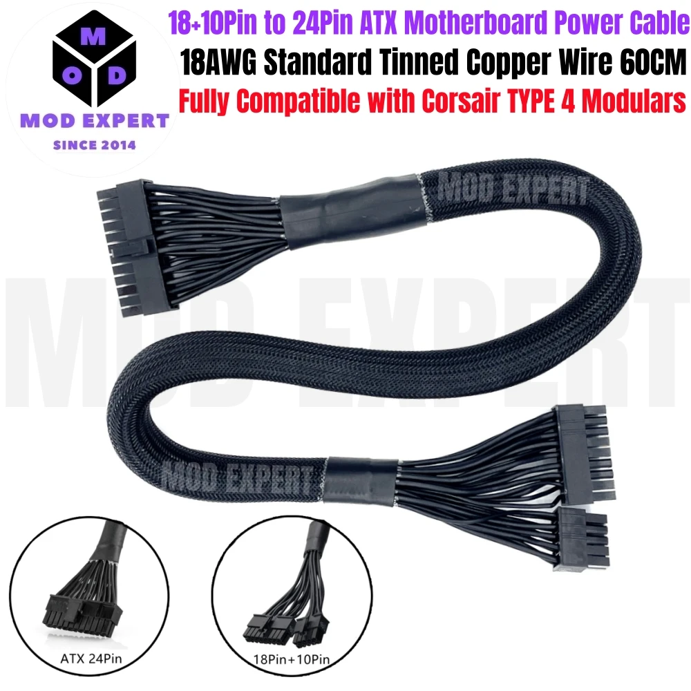 For Corsair Type 4, 18+10Pin to 24Pin ATX Main Power Cable for RM-x, RM-i, RM-e, RM, HX Platinum Modular Power, Sleeved Net 60CM
For Corsair Type 4, 18+10Pin to 24Pin ATX Main Power Cable for RM-x, RM-i, RM-e, RM, HX Platinum Modular Power, Sleeved Net 60CM