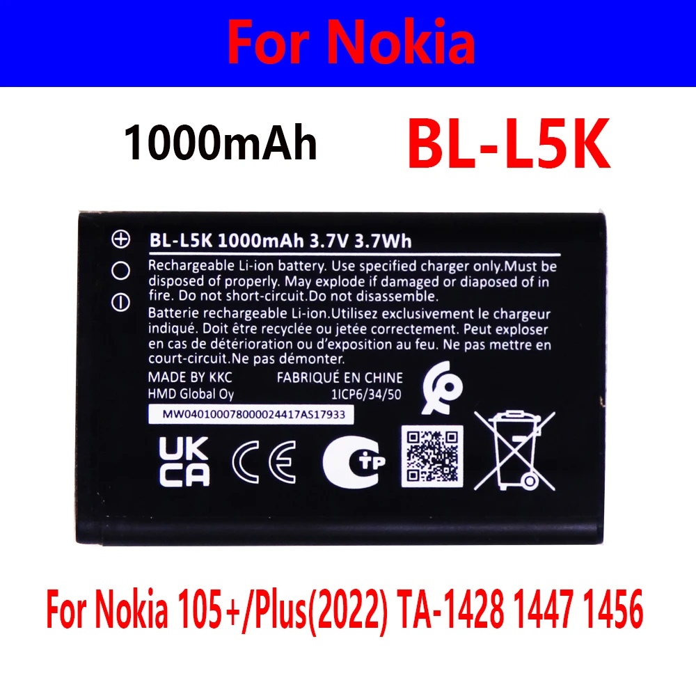 Mobile Phone Battery BL-L5K For Nokia 105+/Plus(2022) TA-1428 1447 1456 Cell Phones Battery
Mobile Phone Battery BL-L5K For Nokia 105+/Plus(2022) TA-1428 1447 1456 Cell Phones Battery