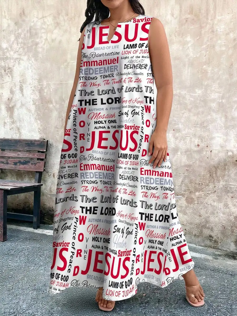 Plus Size Sleeveless V-Neck Maxi Dress Featuring Bible Verses And Jesus Typography For Women
Plus Size Sleeveless V-Neck Maxi Dress Featuring Bible Verses And Jesus Typography For Women