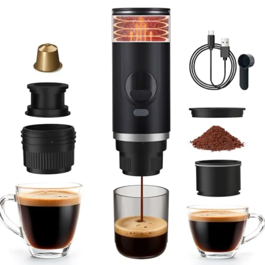 Portable travel espresso maker for camping and car use, stainless steel black 20-bar electric self-heating machine with USB rec
Portable travel espresso maker for camping and car use, stainless steel black 20-bar electric self-heating machine with USB rec
