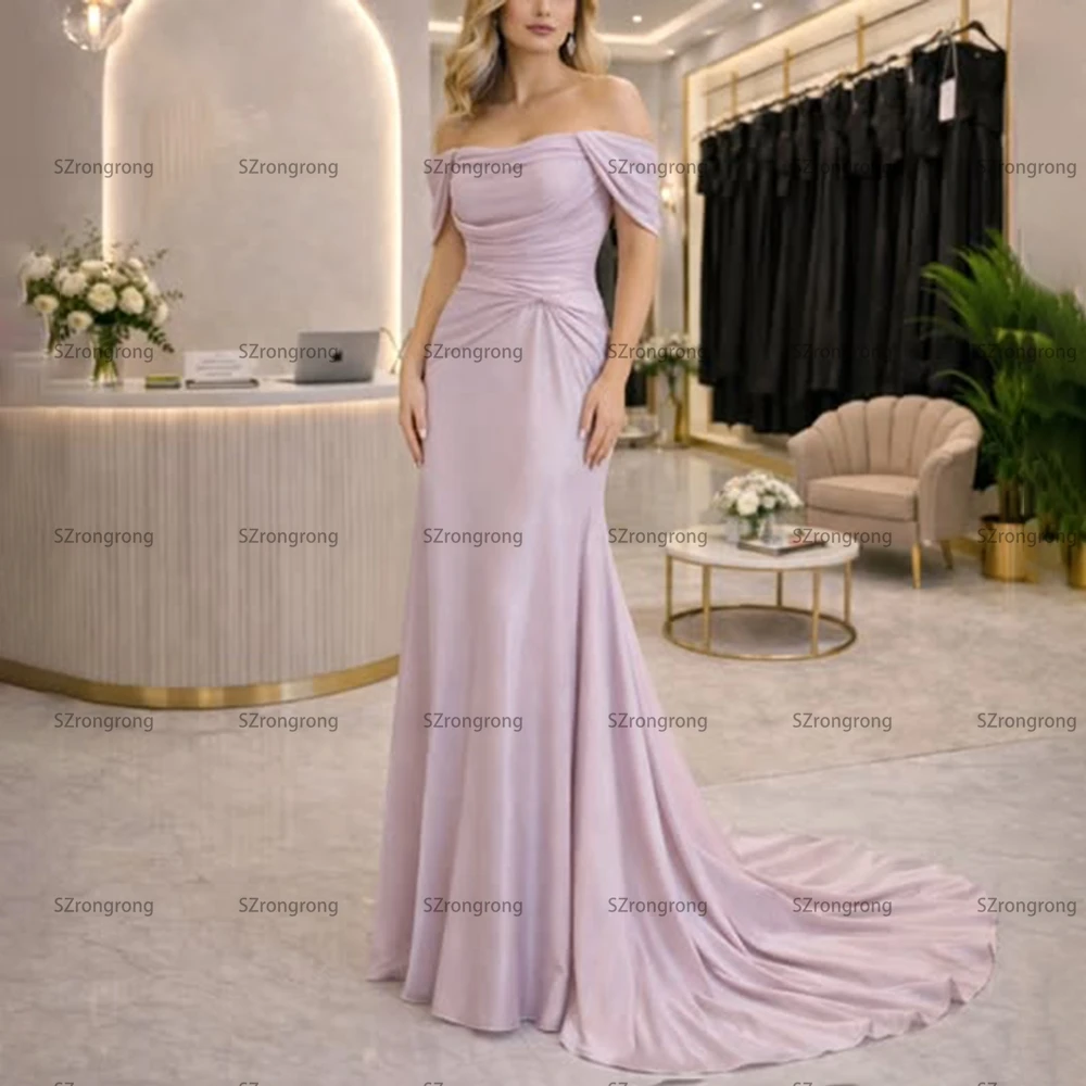 Customized Classic Off Shoulder Pleated Bridal Evening Gown Sheath Backless Floor Length Lace up Back Prom Party Gown with Train
Customized Classic Off Shoulder Pleated Bridal Evening Gown Sheath Backless Floor Length Lace up Back Prom Party Gown with Train