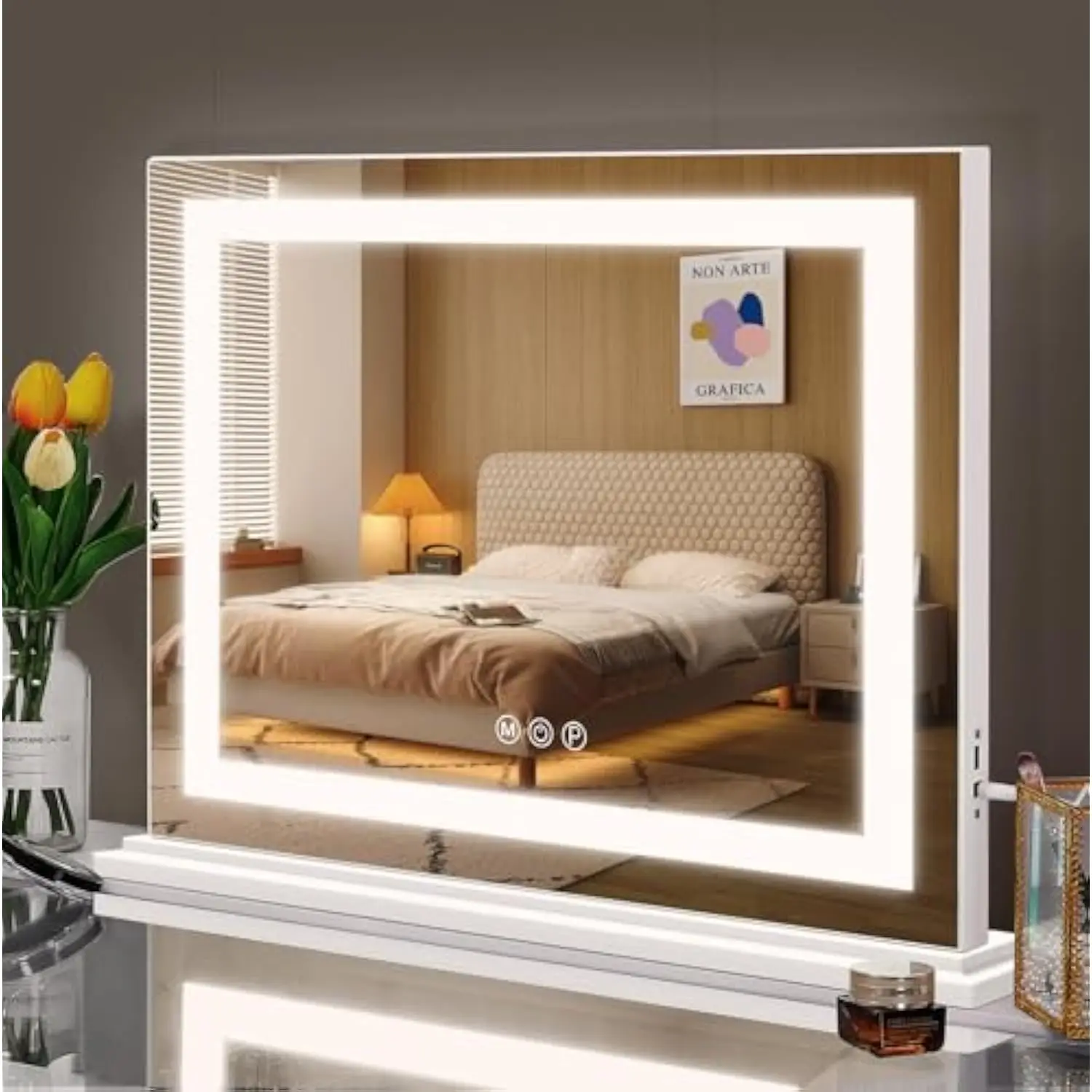 Vanity Mirror with Lights 22.8”x18.1” Hollywood Makeup Mirror 3 Color Dimmable Light Modes Lighted LED Makeup Mirror USB Chargi
Vanity Mirror with Lights 22.8”x18.1” Hollywood Makeup Mirror 3 Color Dimmable Light Modes Lighted LED Makeup Mirror USB Chargi