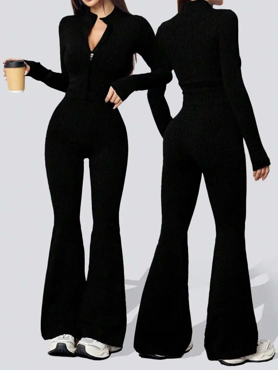 Womens Knit Zip-Up Crop Top And High Waist Flared Leggings Set Black
Womens Knit Zip-Up Crop Top And High Waist Flared Leggings Set Black
