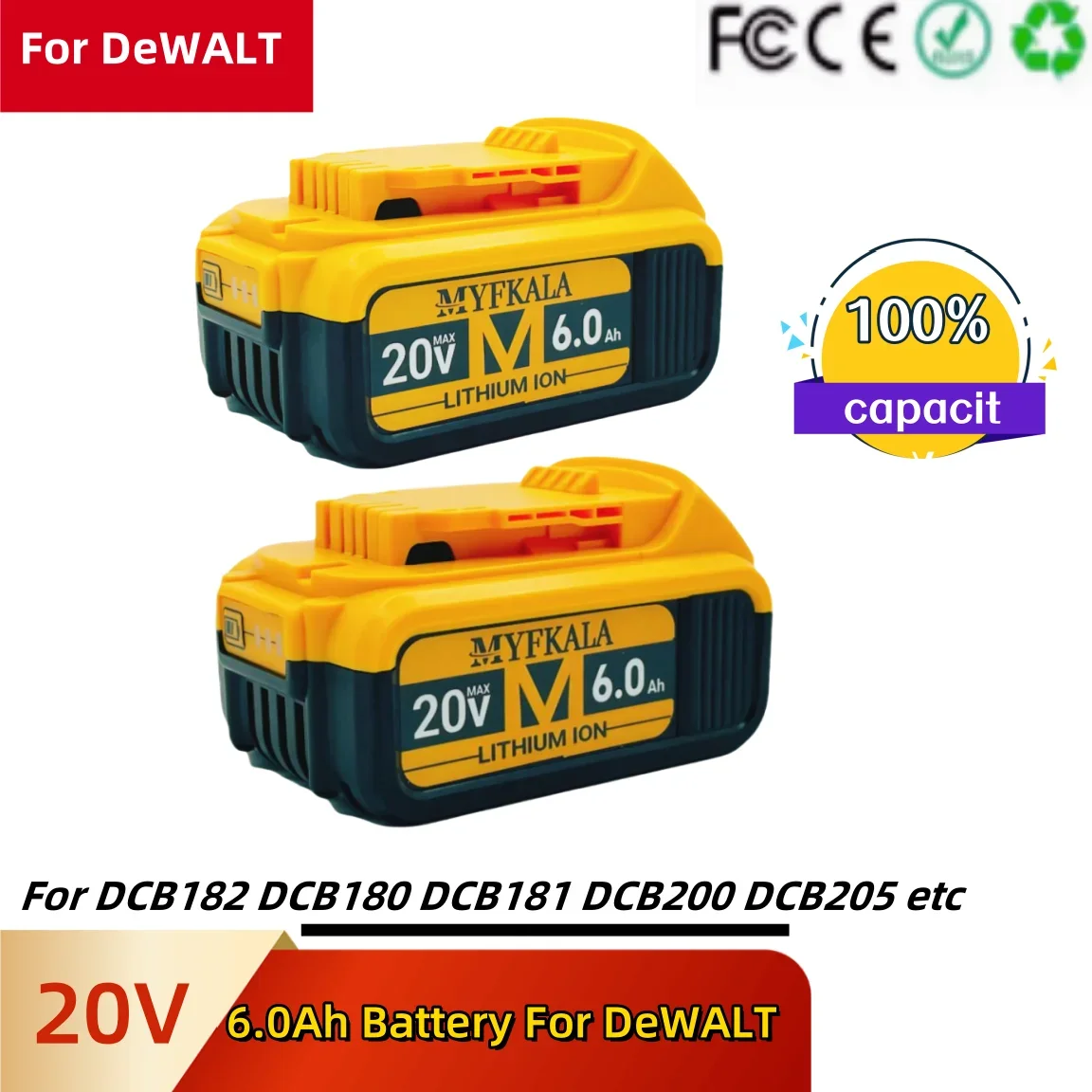 New 100% Original 6000mAh 20V for Dewalt Power Tool Battery DCB206 20V 6.0Ah Battery DCB206 20V Battery DCB205 DCB204-2
New 100% Original 6000mAh 20V for Dewalt Power Tool Battery DCB206 20V 6.0Ah Battery DCB206 20V Battery DCB205 DCB204-2