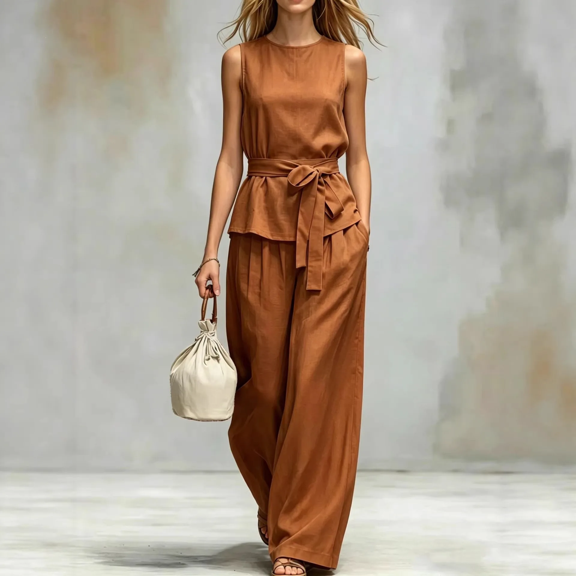 Women's Casual Round Neck Vest 2Piece Fashion Sleeveless Belted Waist Top + Wide Leg Suit Summer Elegant Female Office Pants Set
Women's Casual Round Neck Vest 2Piece Fashion Sleeveless Belted Waist Top + Wide Leg Suit Summer Elegant Female Office Pants Set