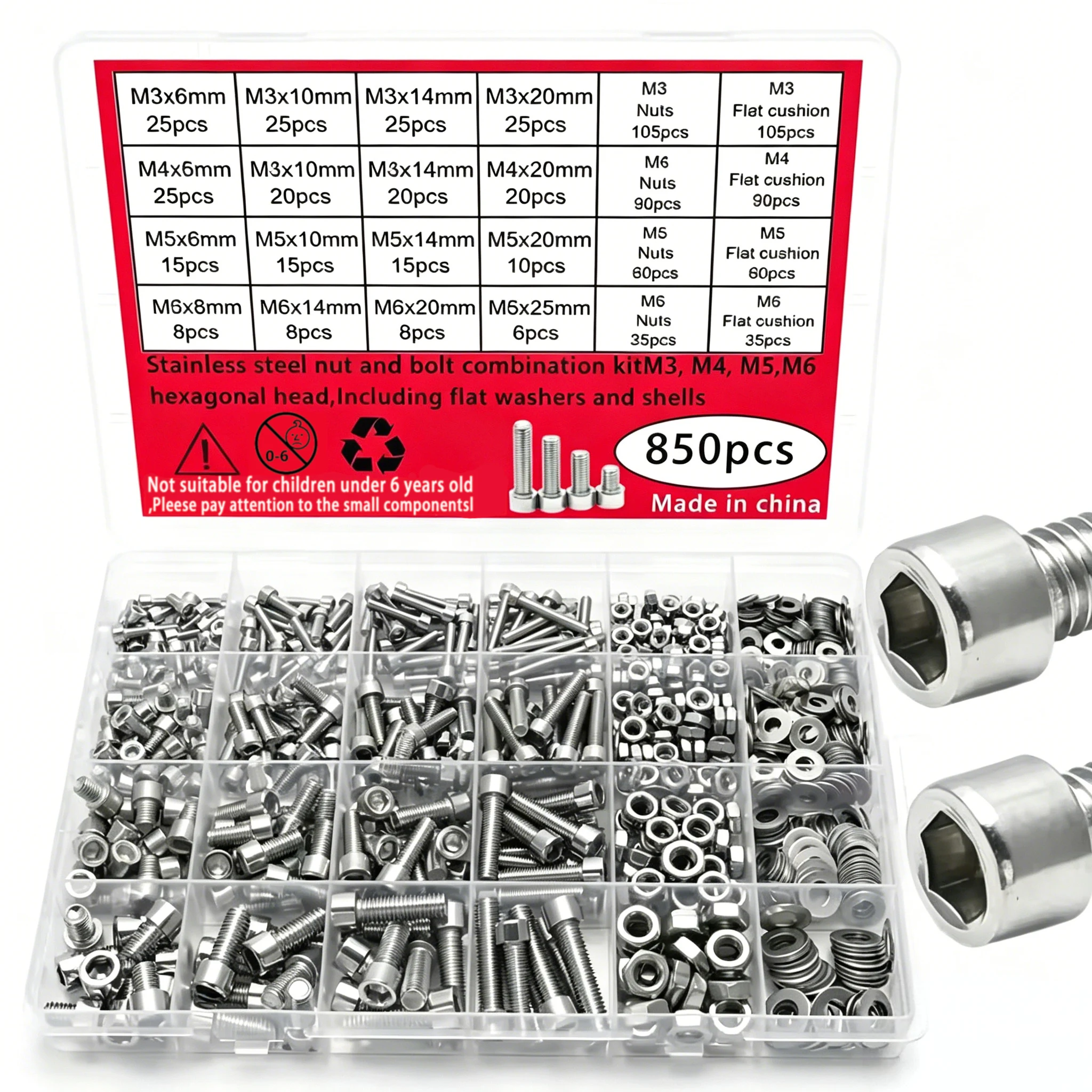 850Pcs Stainless Steel Hex Socket Cap Screws Bolts Nuts Washers Assortment Kit- M3 ,M4, M5, M6, 4 Specifications 16 Sizes
850Pcs Stainless Steel Hex Socket Cap Screws Bolts Nuts Washers Assortment Kit- M3 ,M4, M5, M6, 4 Specifications 16 Sizes
