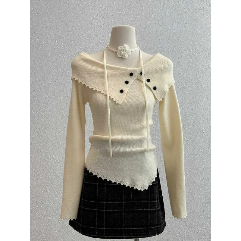 Lapel Slash Neck Long-sleeved Knitted Sweater Women's 2024 Autumn New Flower Inner Wear Chic Irregular Knitted Pullover Top
Lapel Slash Neck Long-sleeved Knitted Sweater Women's 2024 Autumn New Flower Inner Wear Chic Irregular Knitted Pullover Top